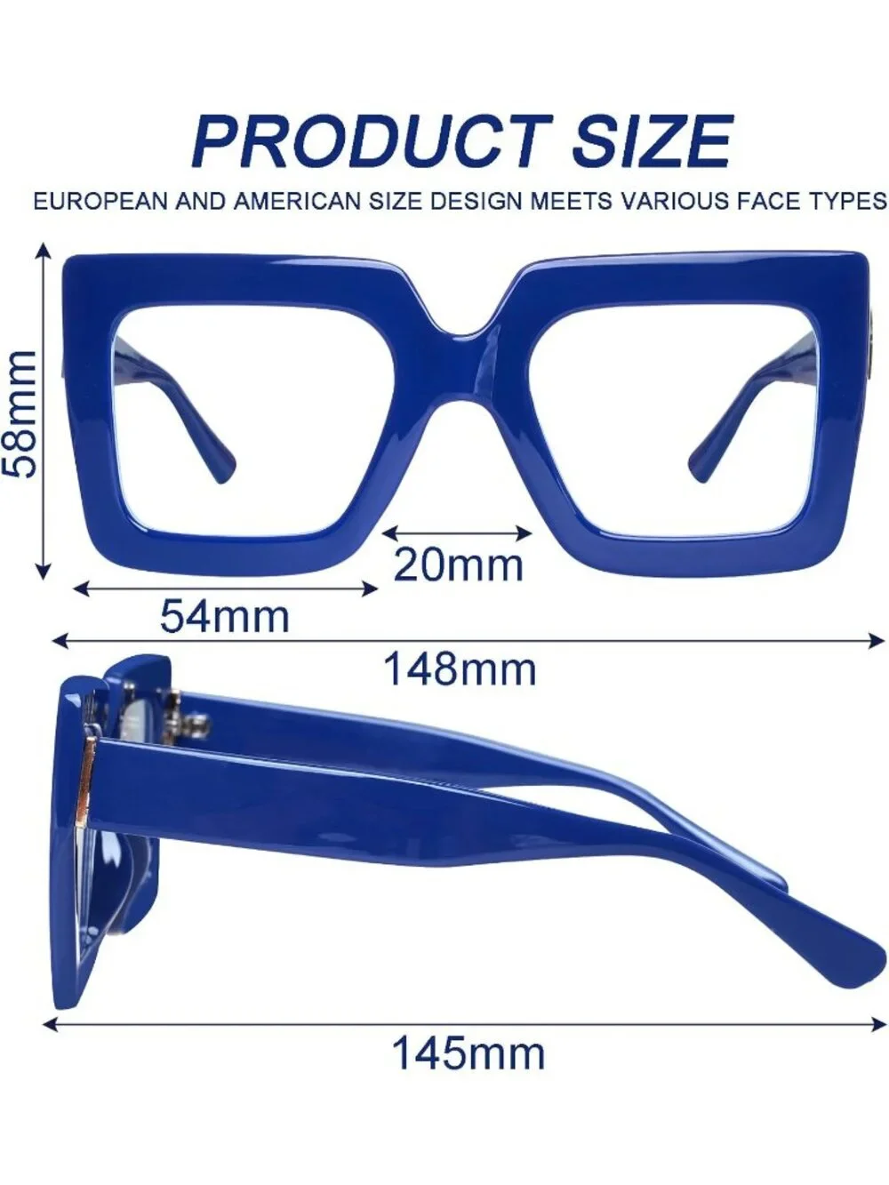 Women's Blue Oversized Square Big Frame Computer Eyewear Thick Fashion Glasses
